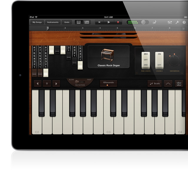 Apple Ipad 3 Black Color showing GarageBand app with classic rock organ